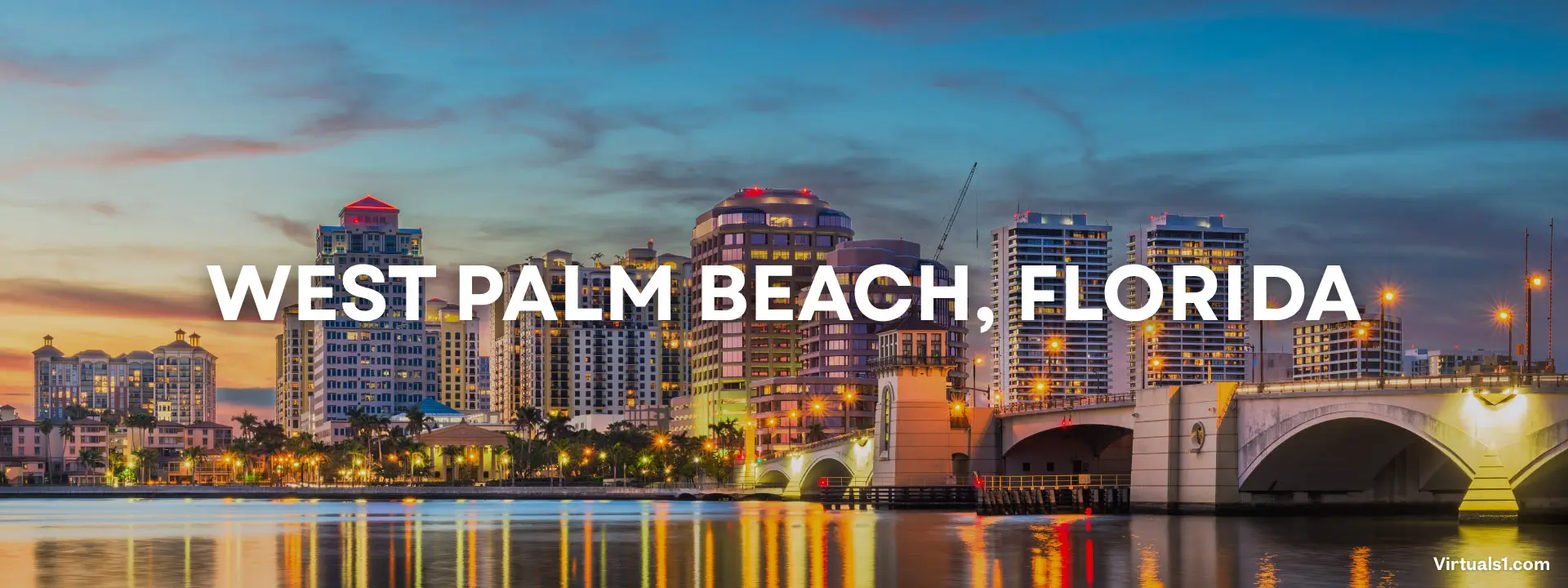Dynamic downtown West Palm Beach skyline with waterfront views and modern architecture, captured for real estate marketing.